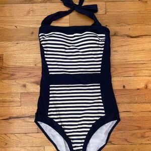 Boden Santorini One-Piece Swimsuit - Navy & Ivory Stripe - Size 6L (Long Torso)